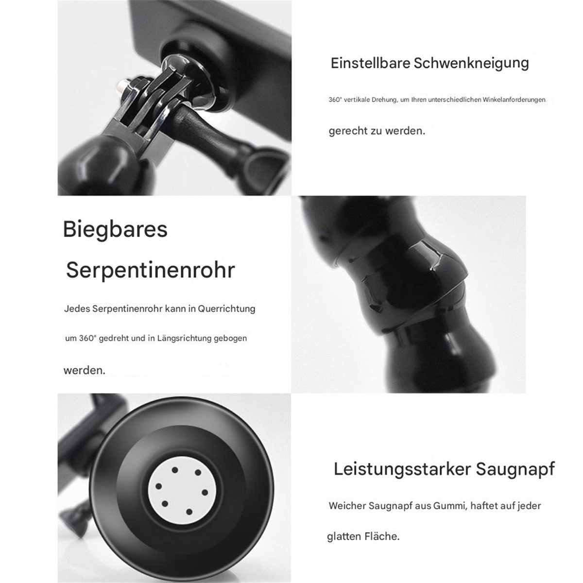 Flexibles Schlangenförmiges Rohr mit verstellbarer Halterung und starkem Saugnapf.