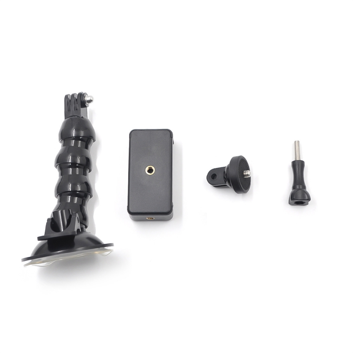 Schwarze GoPro-Zubehörteile: flexibler Arm, Gehäuse mit Schraube und andere Halterungen auf Weiß.