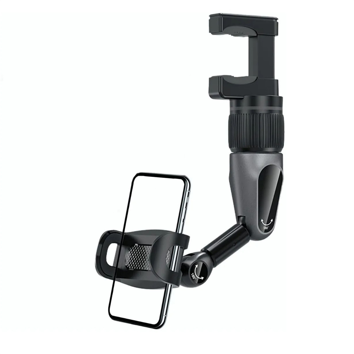 Schwarzer Autotelefonhalter mit verstellbarem Arm und Klemme für Smartphone.