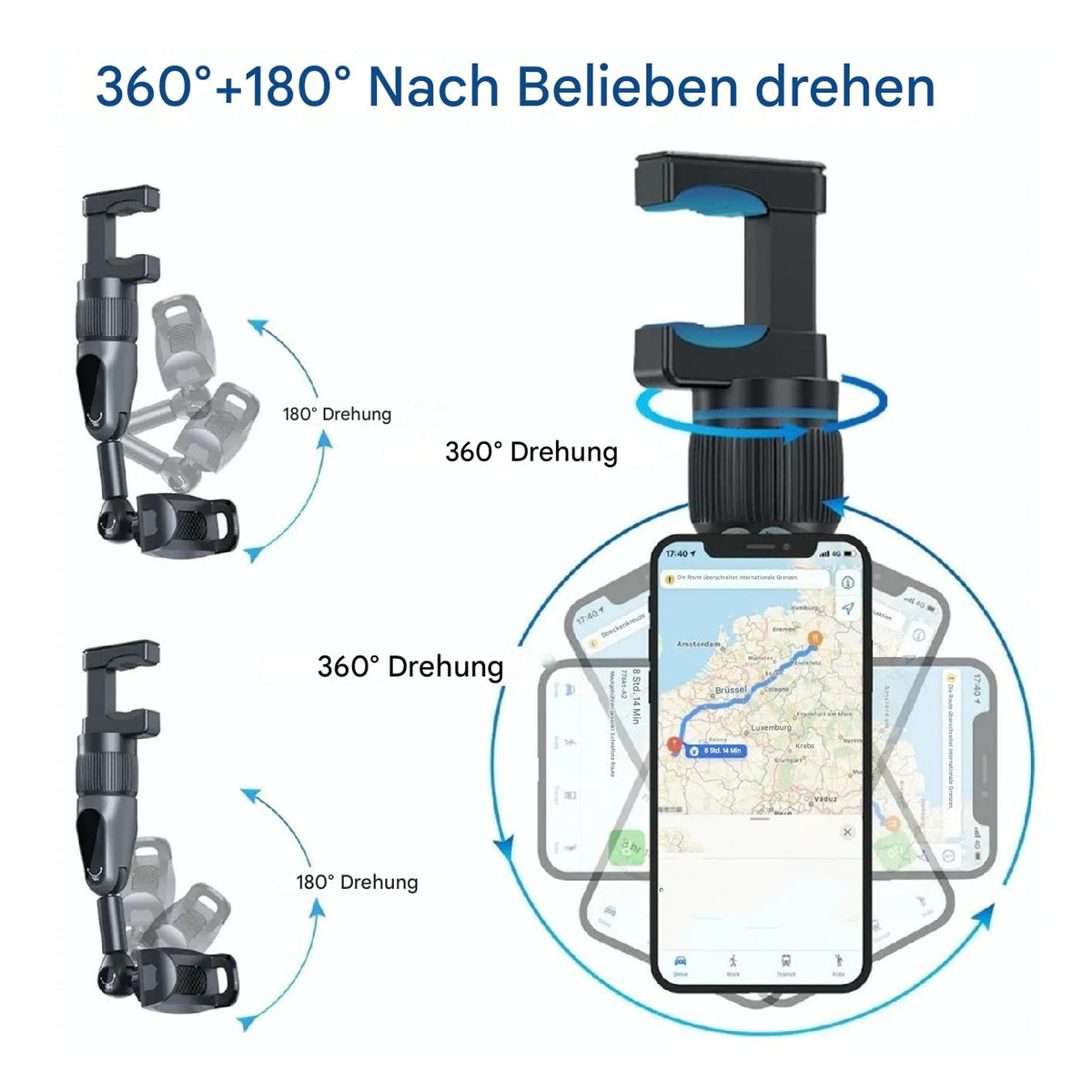 Ein Telefonhalter mit Drehfunktionen. Zeigt, wie er sich um 360 und 180 Grad dreht.