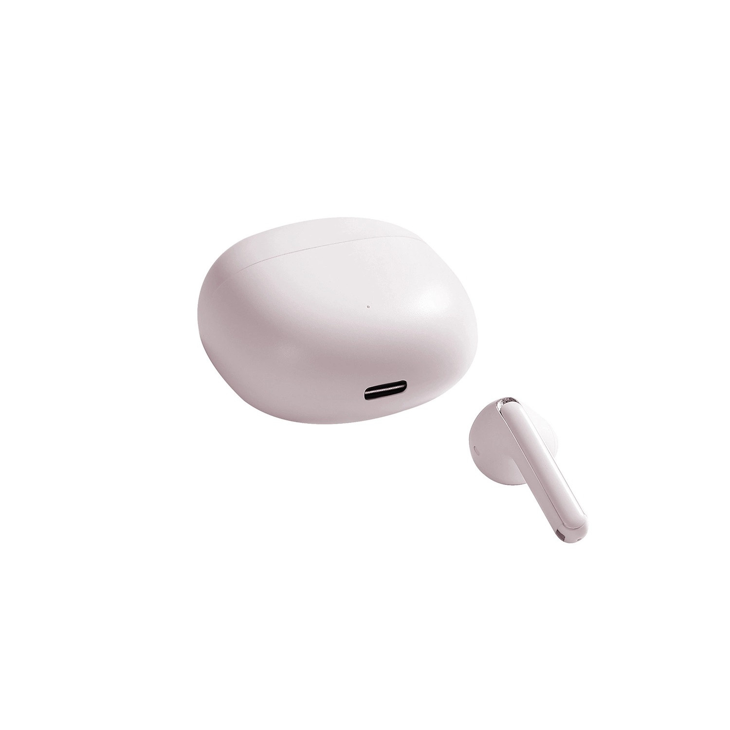 Białe bezprzewodowe słuchawki i etui ładujące na białym tle.