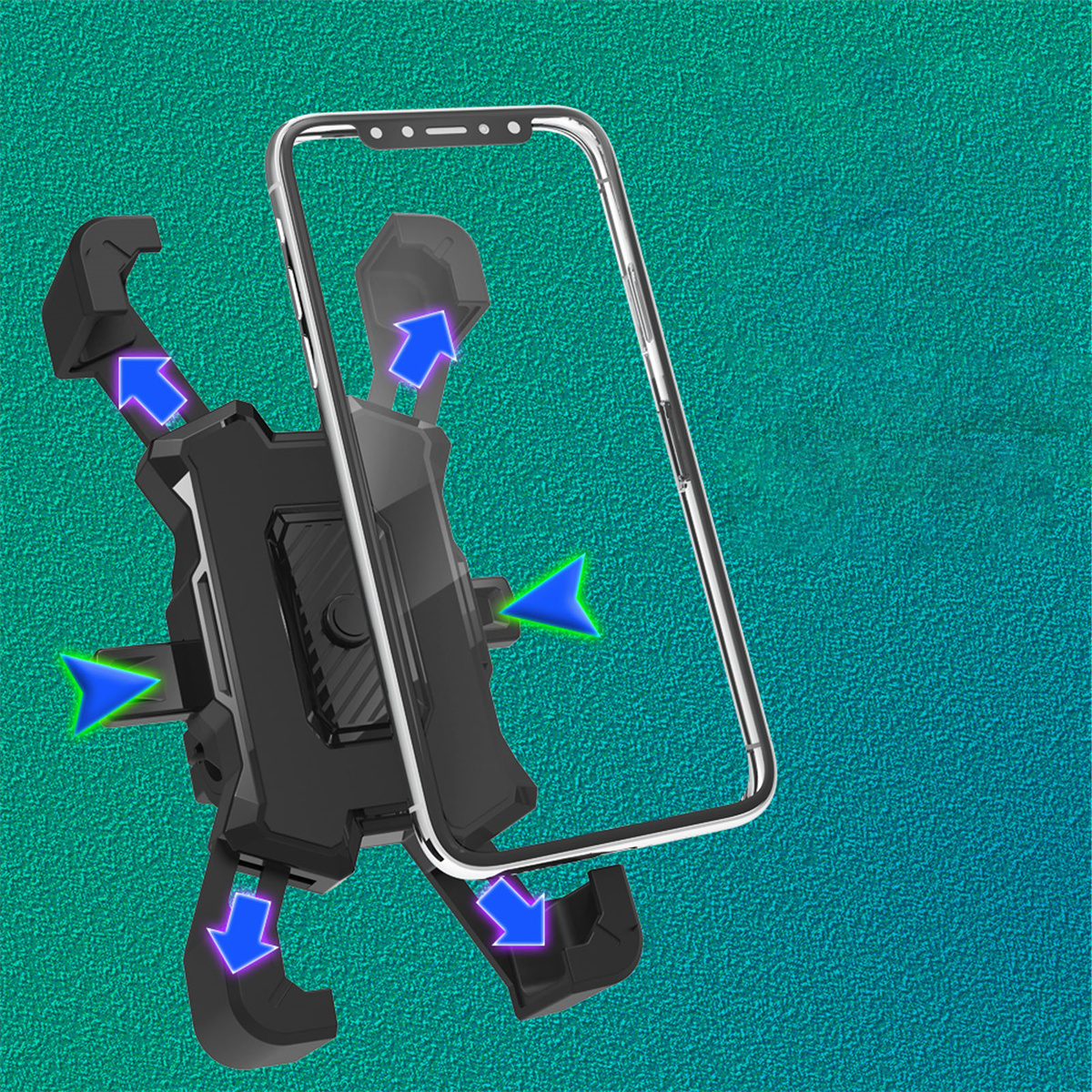 Telefonhalter für ein Fahrrad, mit Pfeilen, die die Einstellrichtungen auf grünem Hintergrund anzeigen.