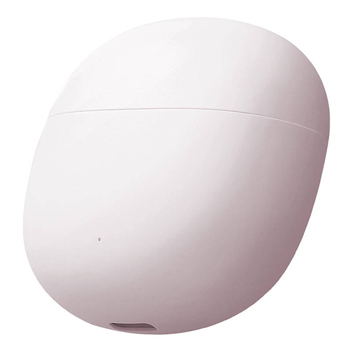 Białe, zaokrąglone, w kształcie jajka etui ładujące do słuchawek. Posiada mały port ładowania.