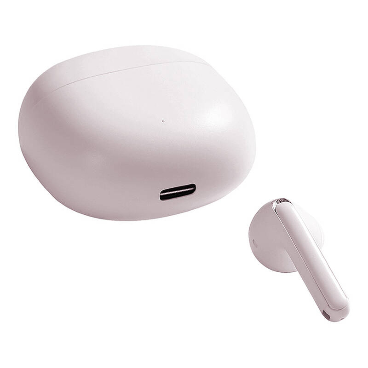 Białe bezprzewodowe słuchawki douszne i białe etui ładujące. Etui ma port ładowania.