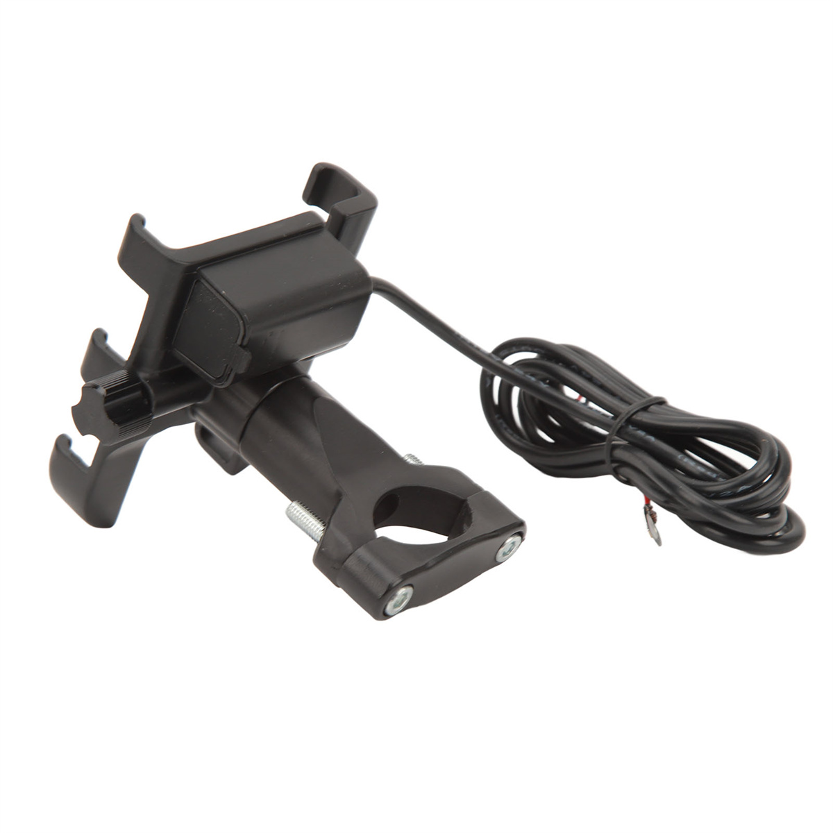 Schwarzer Telefonhalter für ein Motorrad. Er hat eine Halterung, eine Halterung und ein Ladekabel.