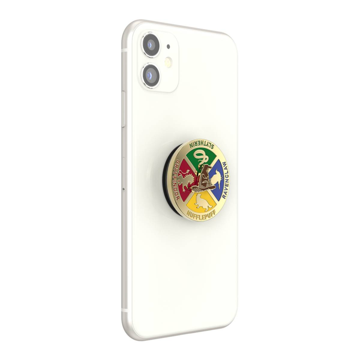 Telefono bianco con un supporto circolare a tema Harry Potter attaccato sul retro.