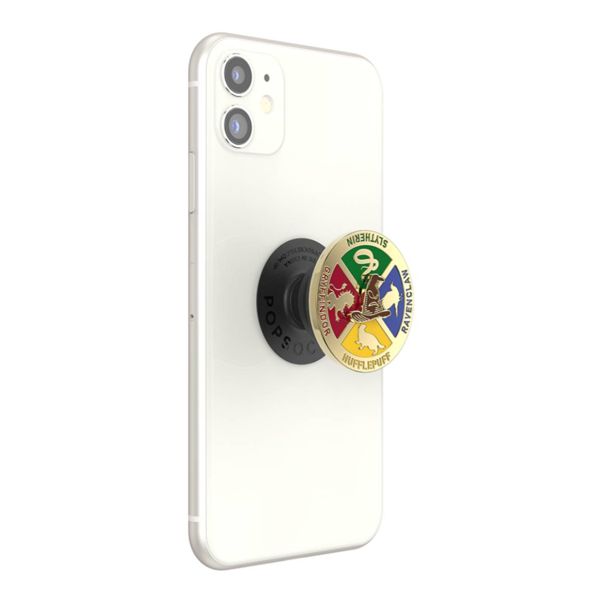 Un telefono bianco con un PopSocket colorato. Il socket ha gli stemmi delle case.