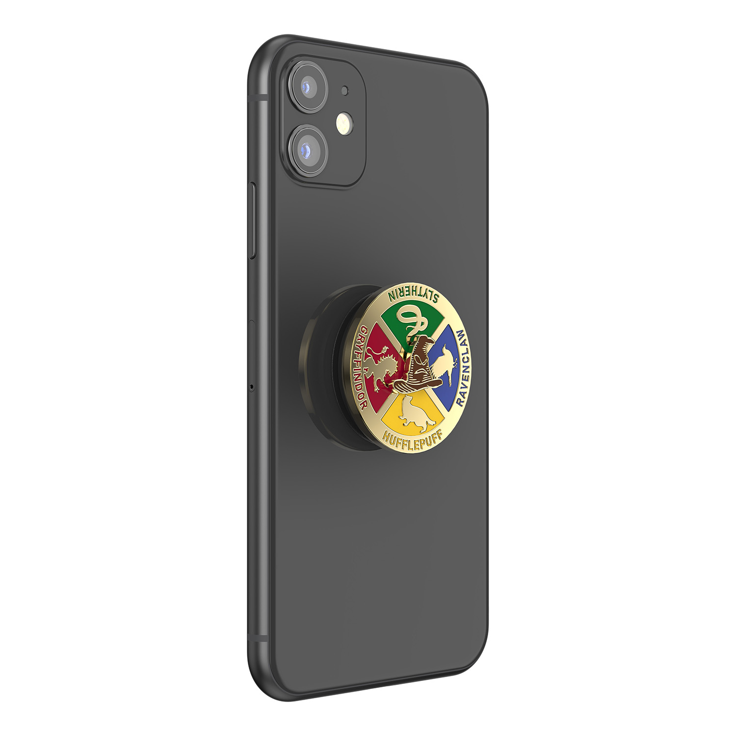 Telefono nero con un pop socket di Harry Potter. Il pop socket presenta le case di Hogwarts.