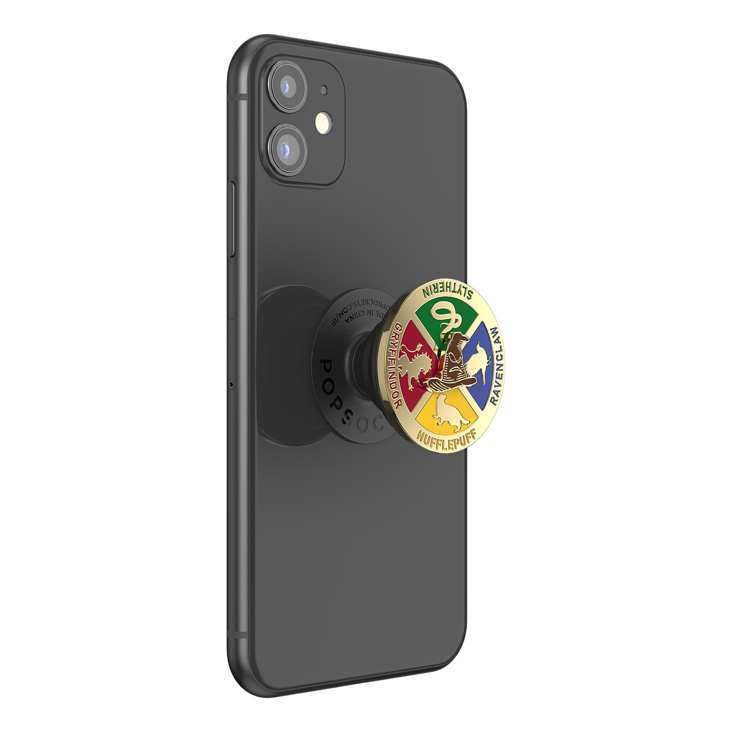Un telefono nero con un'impugnatura 'POPSOCKETS', con un'emblema colorato della casa di Hogwarts.