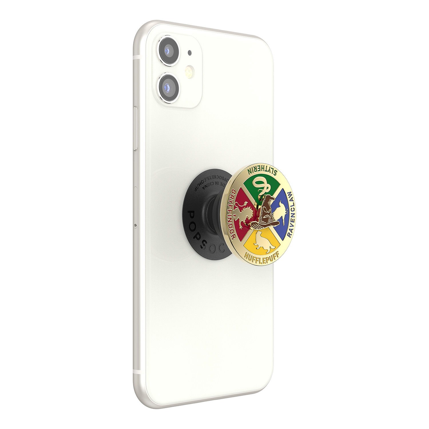 Un telefono bianco con un popsocket con lo stemma di Hogwarts sul retro.