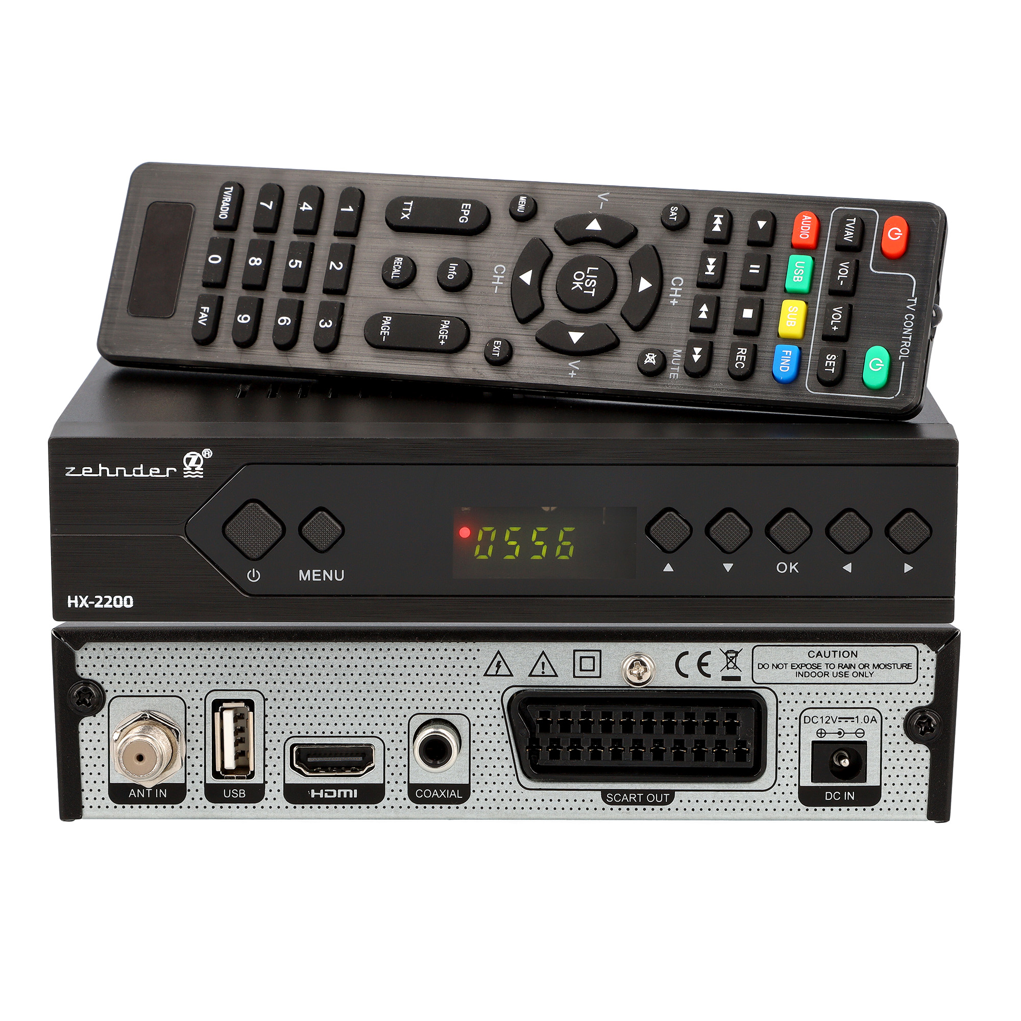 Schwarze Set-Top-Box mit Fernbedienung oben drauf.