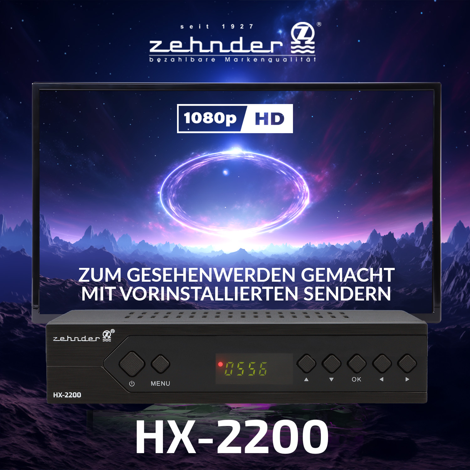 Eine schwarze Set-Top-Box und ein Fernseher, der den Text 1080p HD mit Logo anzeigt.
