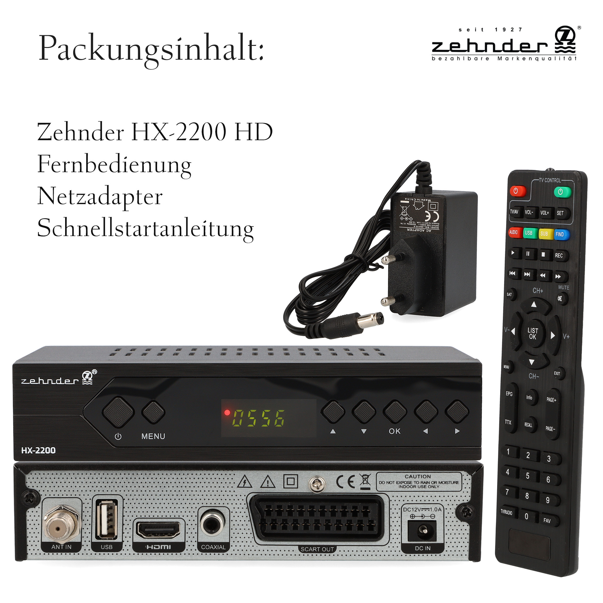 Ein schwarzer Zehnder HX-2200 HD Receiver, Fernbedienung, Adapter und Handbuch.