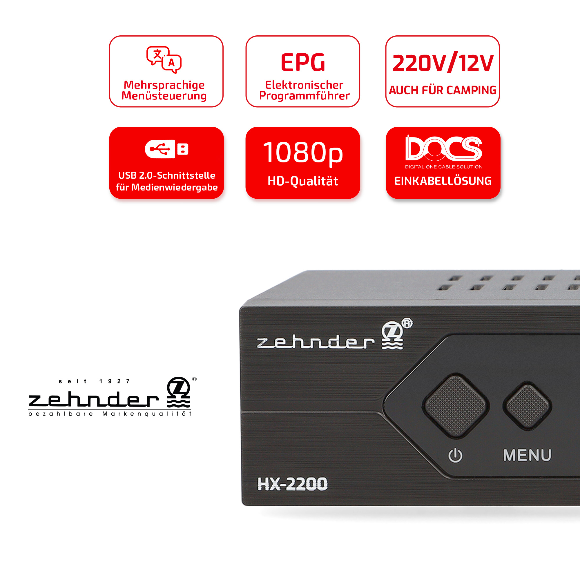 Schwarze Set-Top-Box mit Knöpfen und Logo. Text: '220V/12V' und andere technische Daten.