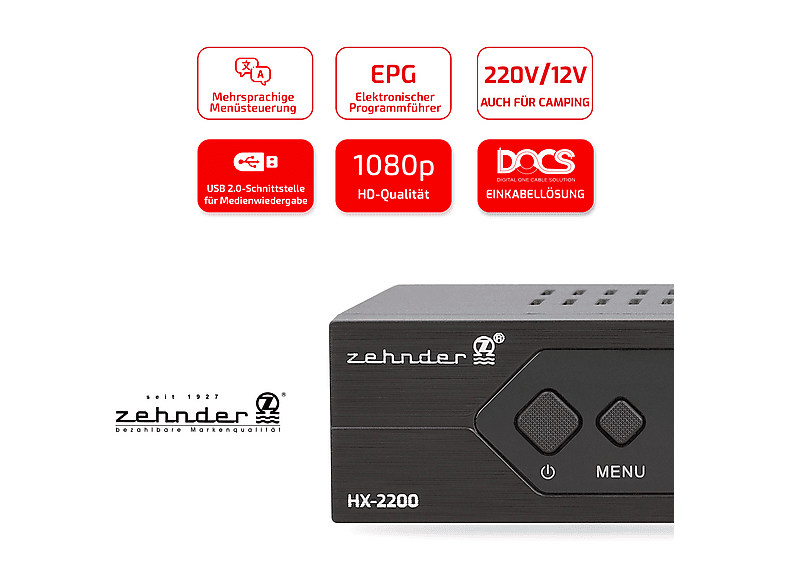 ZEHNDER HX 2400 TC Hybrid Receiver - DVB-C und DVB-T2 geeignet, Receiver für TV, Aufnahme und Timeshift Funktion über USB, 4-Stelliges LED Display, Lernbare Fernbedienung, 12V Netzteil, Full HD 1080p