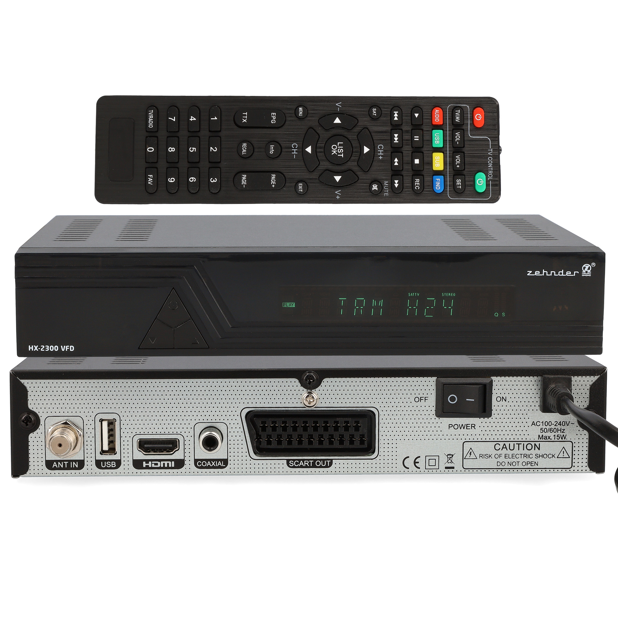 Schwarze Set-Top-Box mit Fernbedienung. Hat verschiedene Anschlüsse und Display. Fernbedienung viele Tasten.