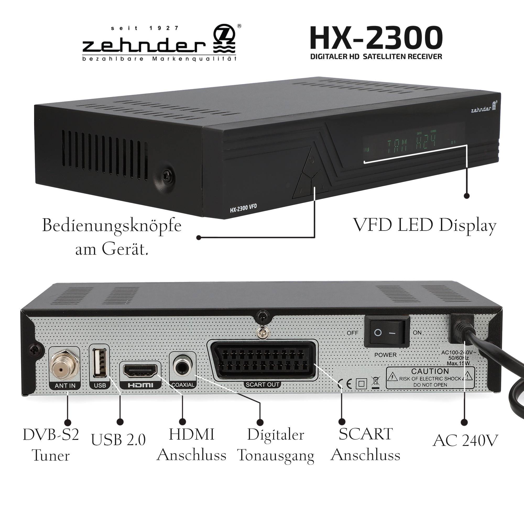 Schwarzer digitaler Satellitenreceiver mit beschrifteten Ein- und Ausgängen. Vorder- und Rückansicht werden gezeigt.