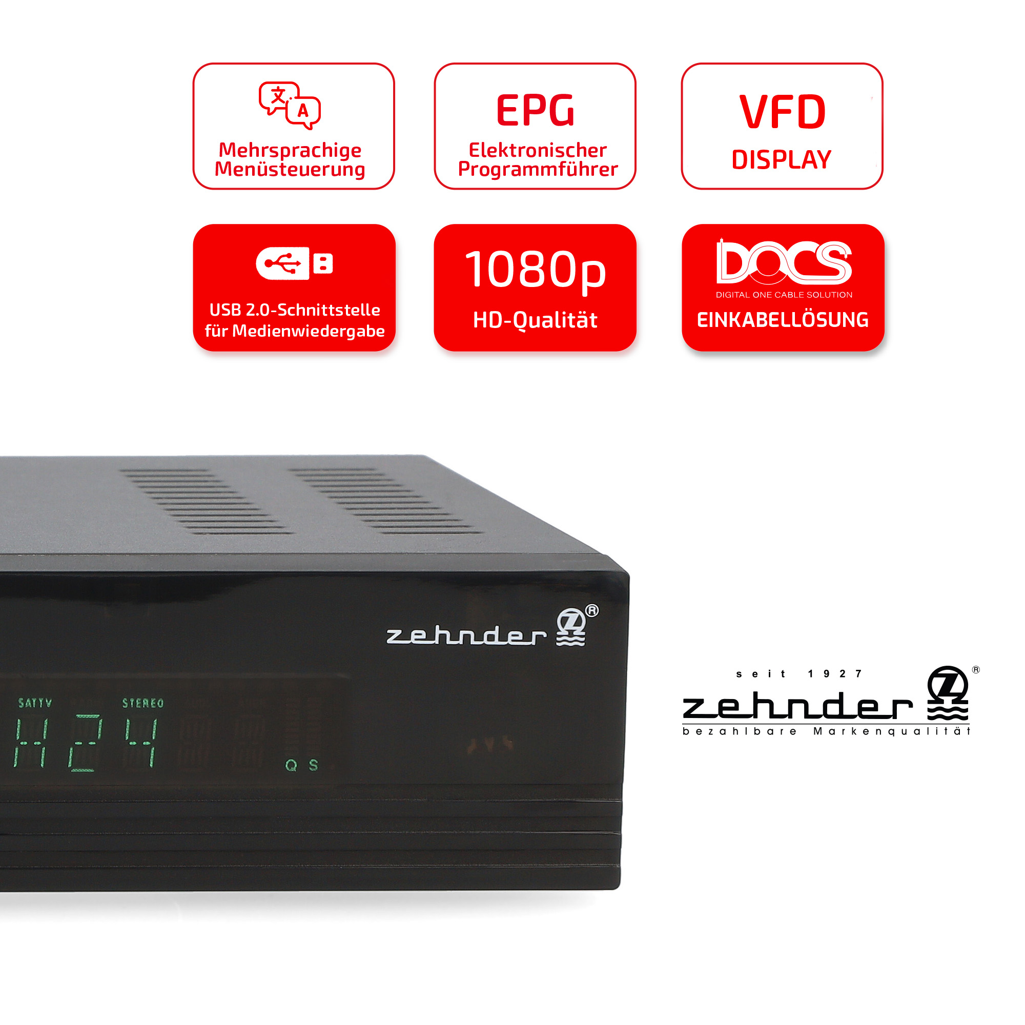 Schwarzer Zehnder-Receiver mit mehreren Etiketten und Symbolen. Enthält Logo und Namen der Marke.