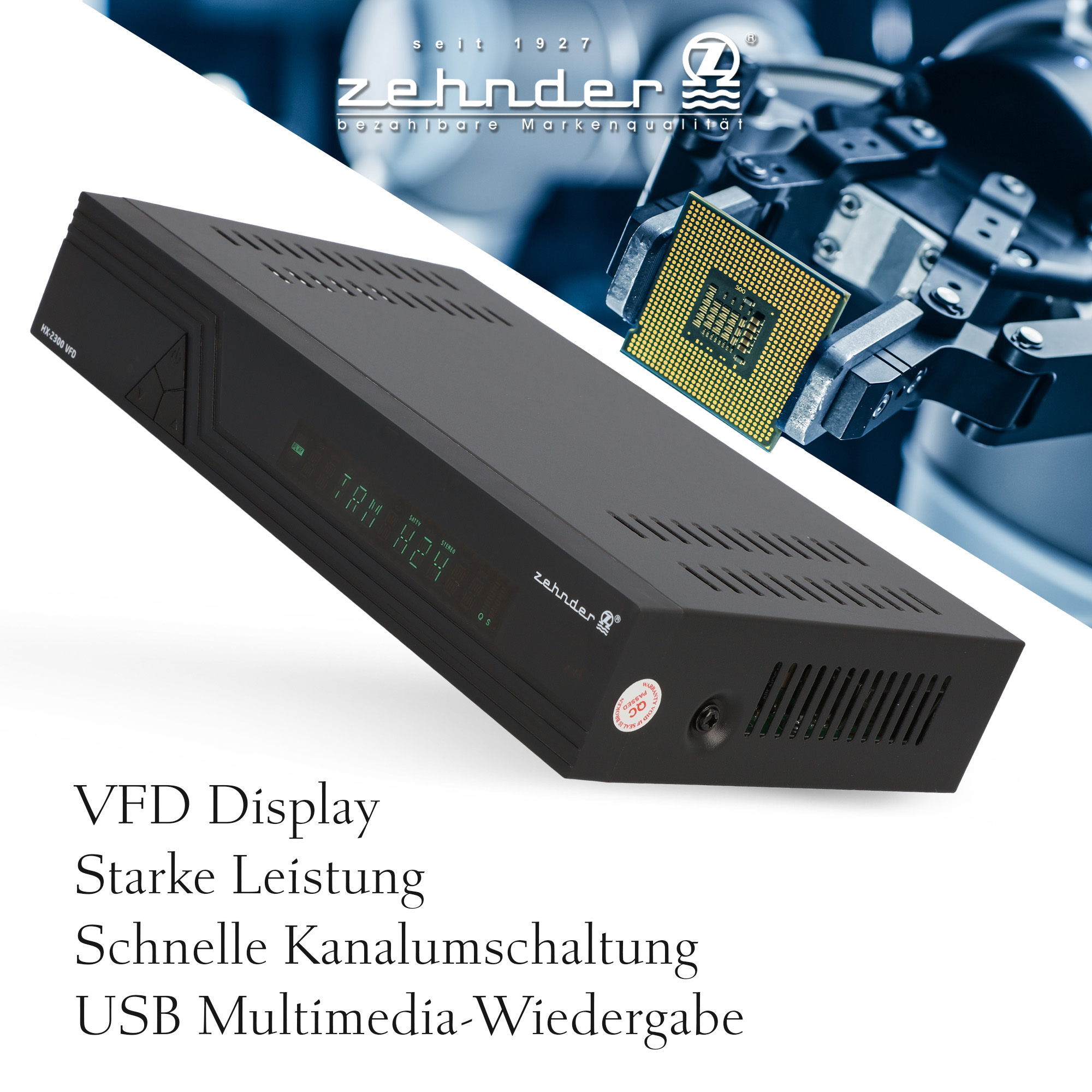 Schwarzer Digital-Receiver mit Text auf der Vorderseite und Leiterplatte im Hintergrund.