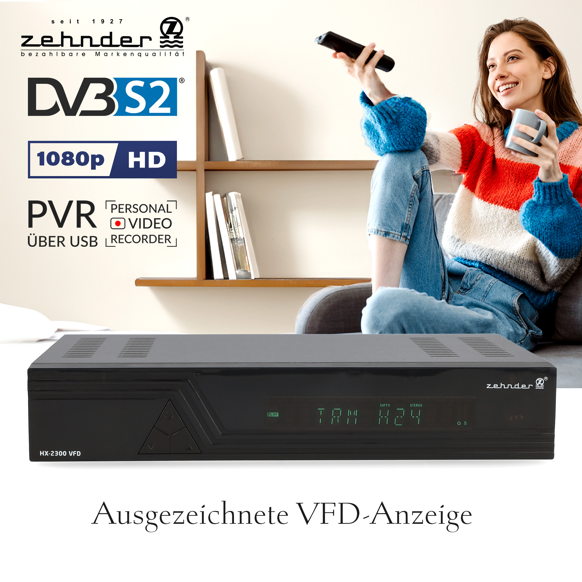 Ein schwarzer digitaler Receiver mit einer Frau, die fernsieht, und einer Fernbedienung in der Hand.