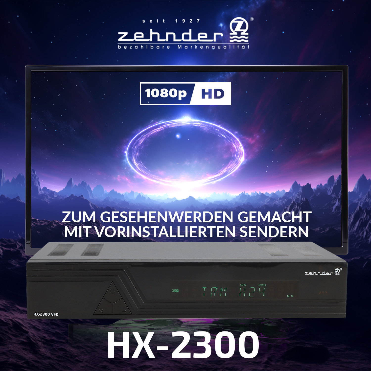 Fernseher und Set-Top-Box. Text auf dem Fernseher: 1080p HD. Text auf Box: HX-2300.
