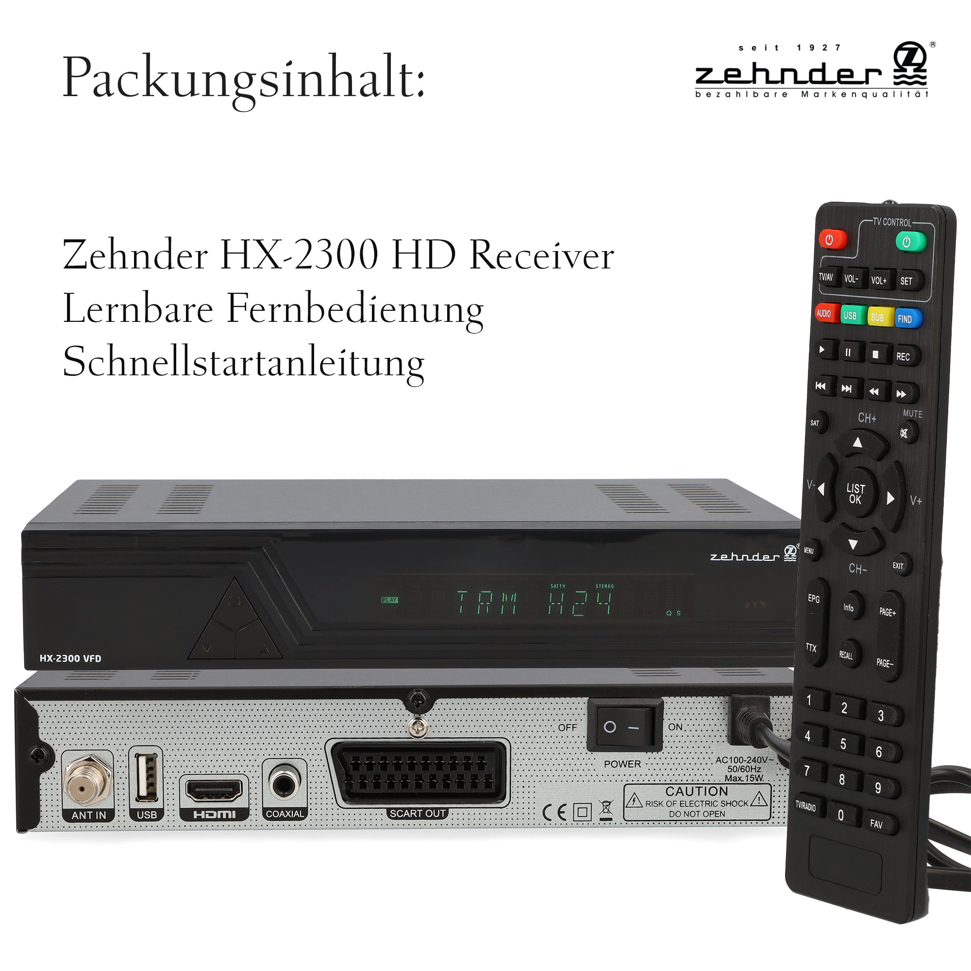 Ein schwarzer Zehnder-Receiver, Fernbedienung und Zubehör auf weißer Oberfläche.