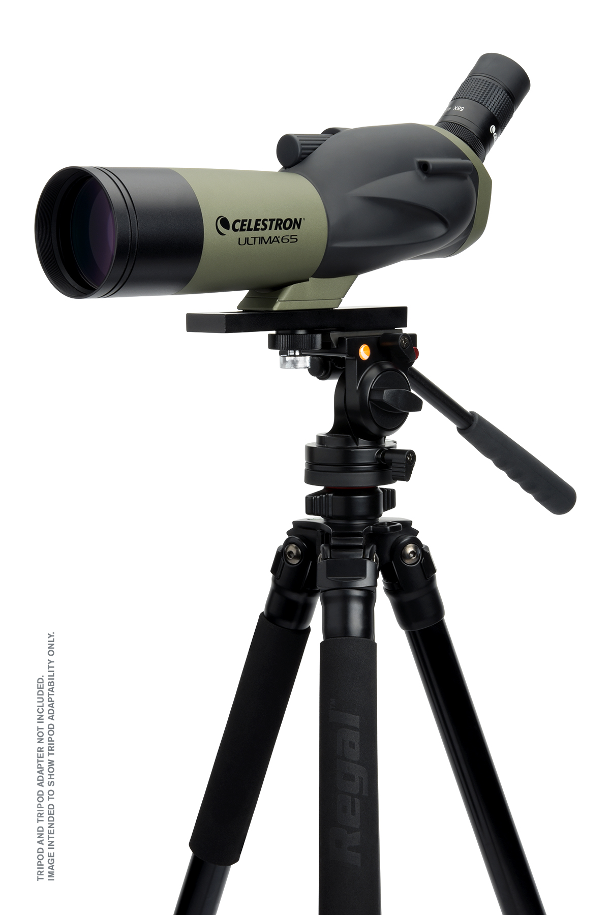 Ein Spektiv auf einem Stativ, schwarz und olivgrün. Der Markenname Celestron ist sichtbar.