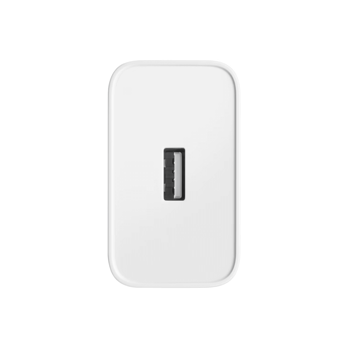 Chargeur mural blanc avec un port USB, vu de face, sur fond blanc.