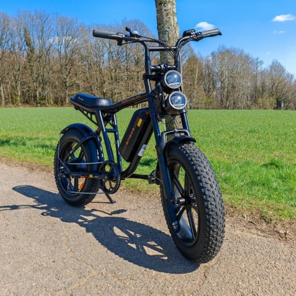 Bicicletta elettrica nera su un sentiero di ghiaia, alberi e campo verde sullo sfondo.