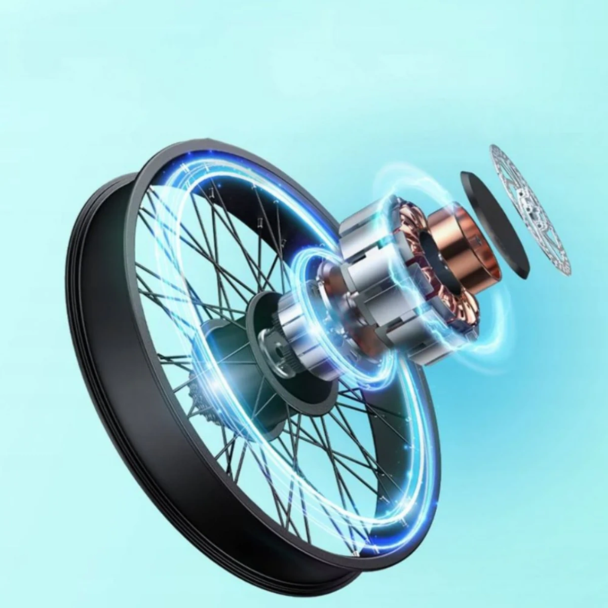 Una ruota di bicicletta con i suoi componenti smontati, che mostra il mozzo, il rotore e i raggi.