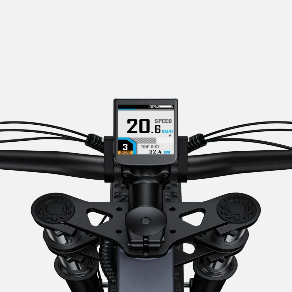 Fahrradlenker mit Digitalanzeige, die Geschwindigkeit, Fahrstrecke und Sportmodus anzeigt.