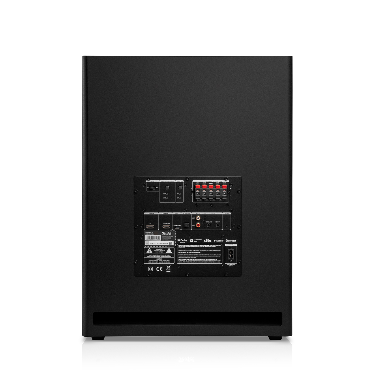 Schwarzer Subwoofer, Rückansicht, mit Bedienfeld und Anschlüssen. Enthält Dolby, DTS und HDMI-Zeichen.