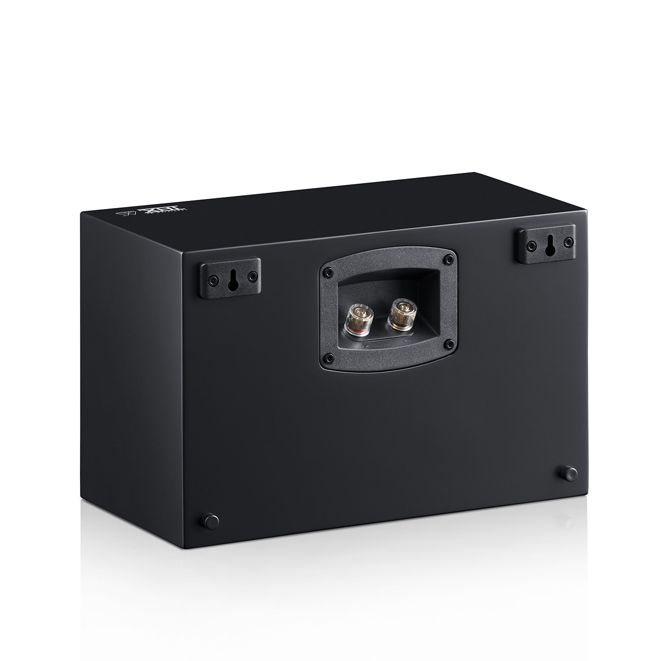 Eine schwarze Lautsprecherbox mit Anschlüssen auf der Rückseite.