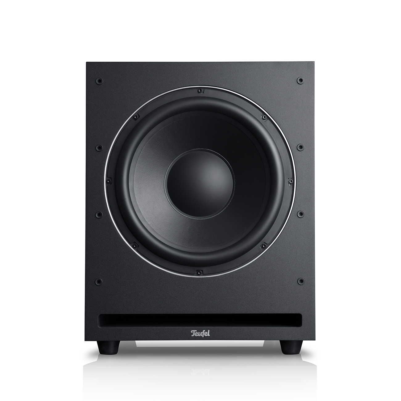 Caisson de basses noir avec un grand haut-parleur central. Cadre noir. Fond blanc.