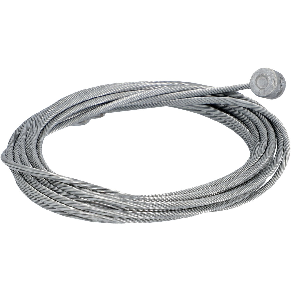 Ein aufgerolltes Stahlkabel mit einem Metallendstück, isoliert vor weißem Hintergrund.