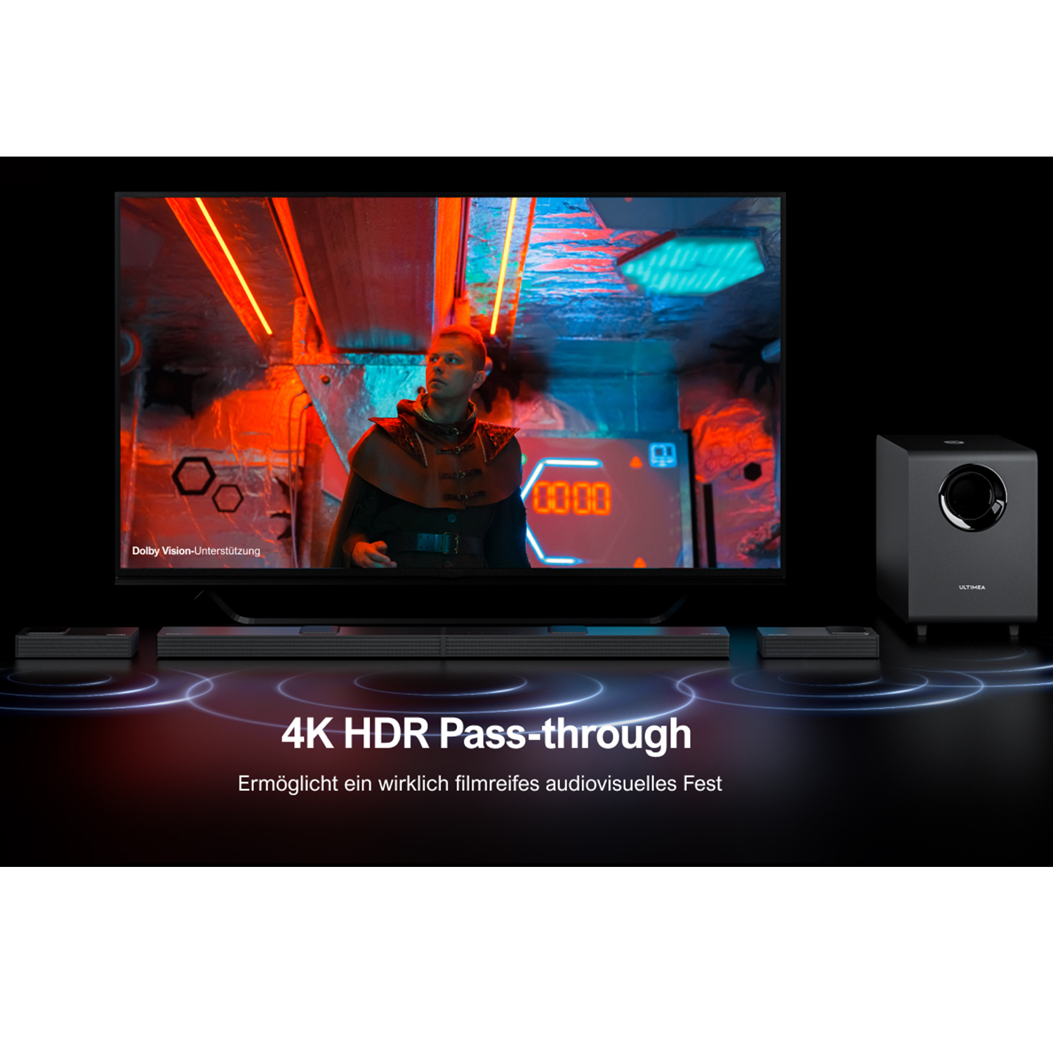 Heimkino-Setup mit Fernseher und Soundbar. Dolby Vision-Unterstützungstext. Schwarzer Hintergrund.