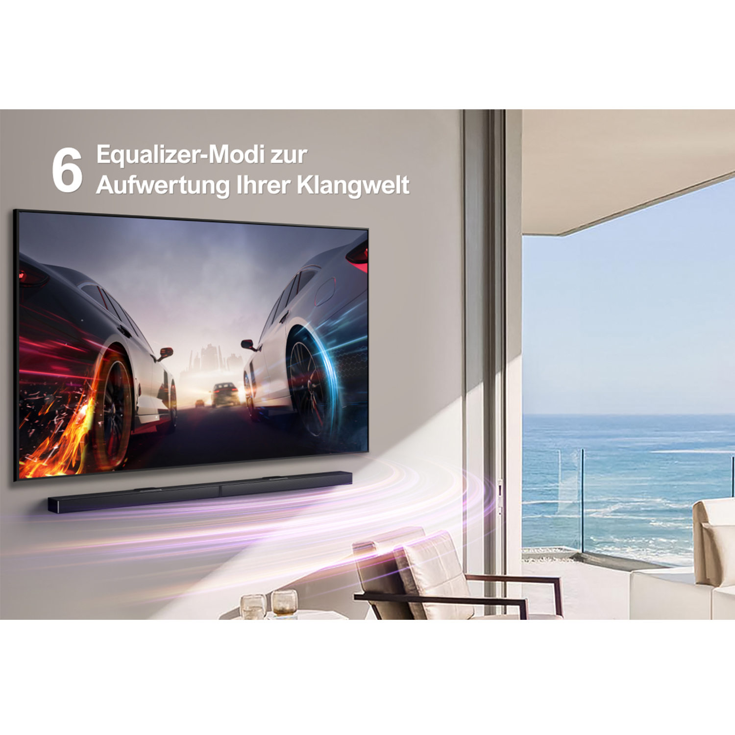 Ein Fernsehbildschirm, der eine Rennszene zeigt, mit einer Soundbar darunter. Text erwähnt Equalizer-Modi.