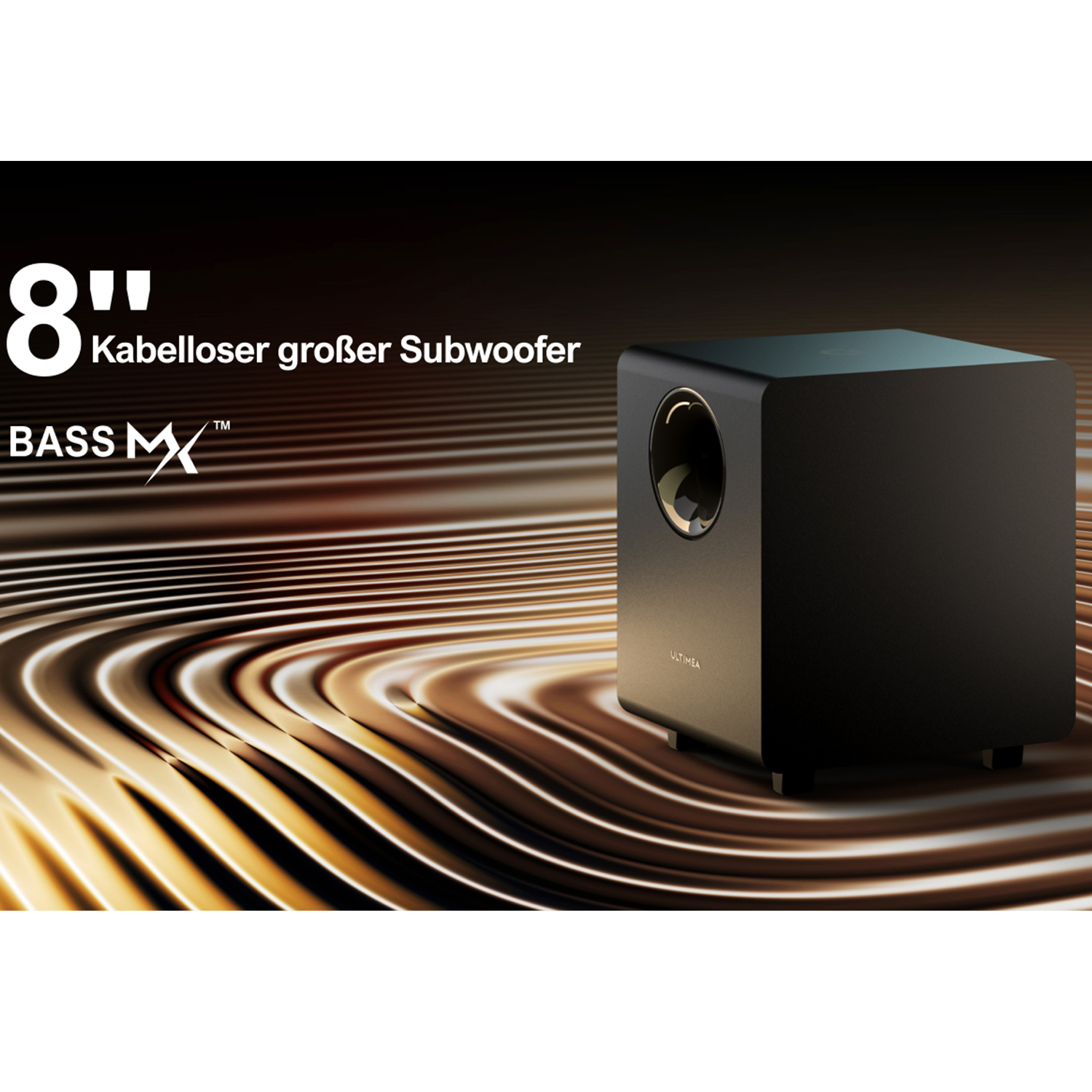 Schwarzer Subwoofer auf gewelltem Goldhintergrund mit Text. Es ist ein kabelloser 8-Zoll-Subwoofer.