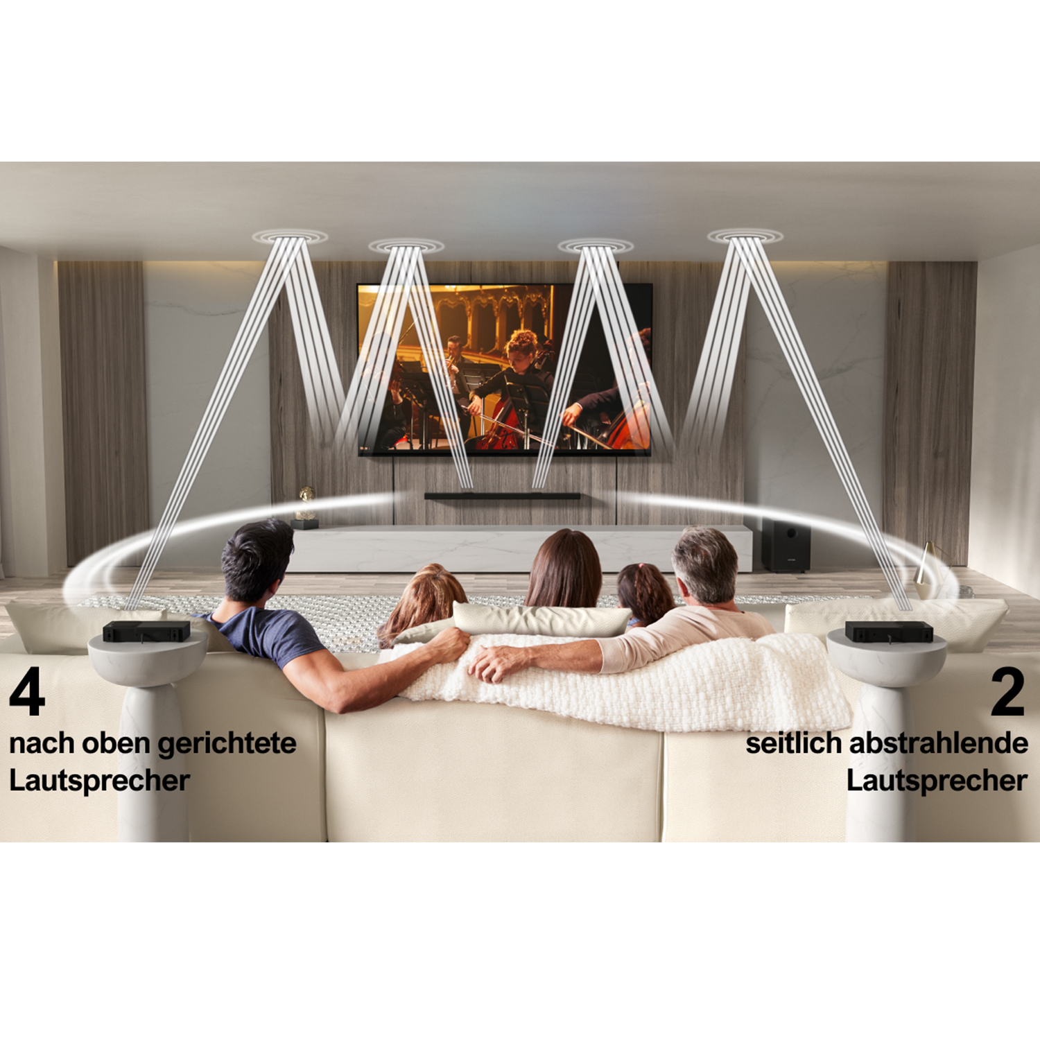 Familie auf beigem Sofa schaut fern mit Lautsprechern und Schallwellen.