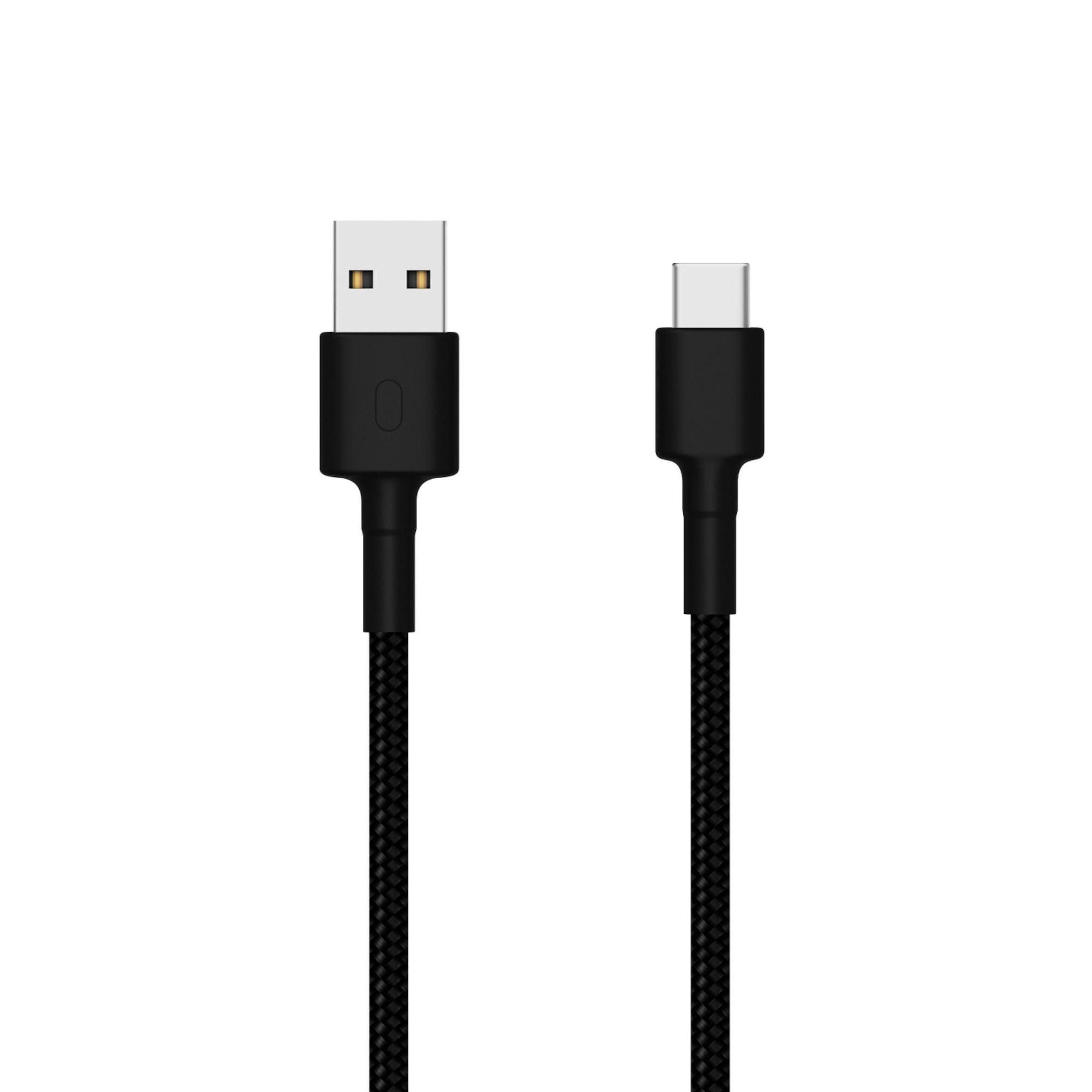 Czarny kabel USB do USB-C. Kabel ma plecioną teksturę.