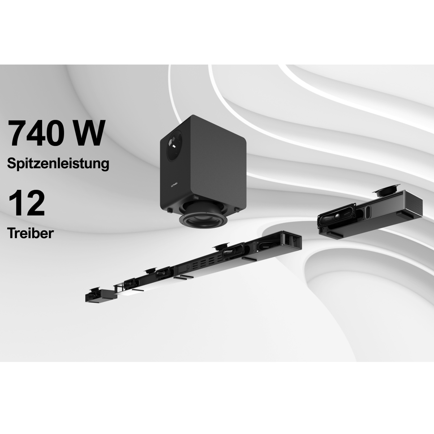 Schwarzer Subwoofer, Soundbar und Lautsprecher auf weiß-grauem Hintergrund.