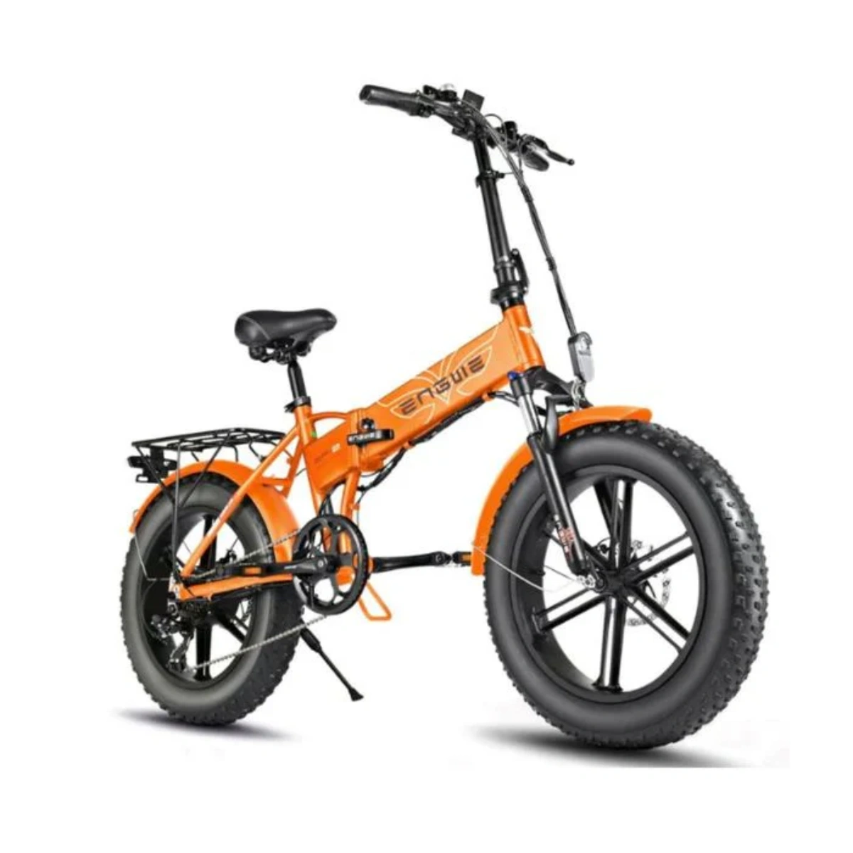 Una bici elettrica pieghevole arancione, con pneumatici neri e un motore nero.