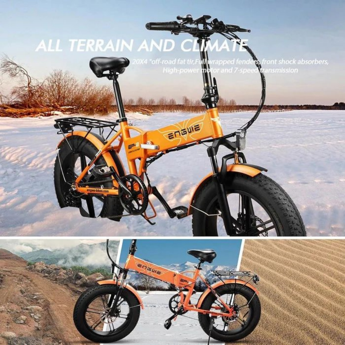 Bicicletta elettrica arancione su neve e sabbia. Testo sulle caratteristiche sullo sfondo.