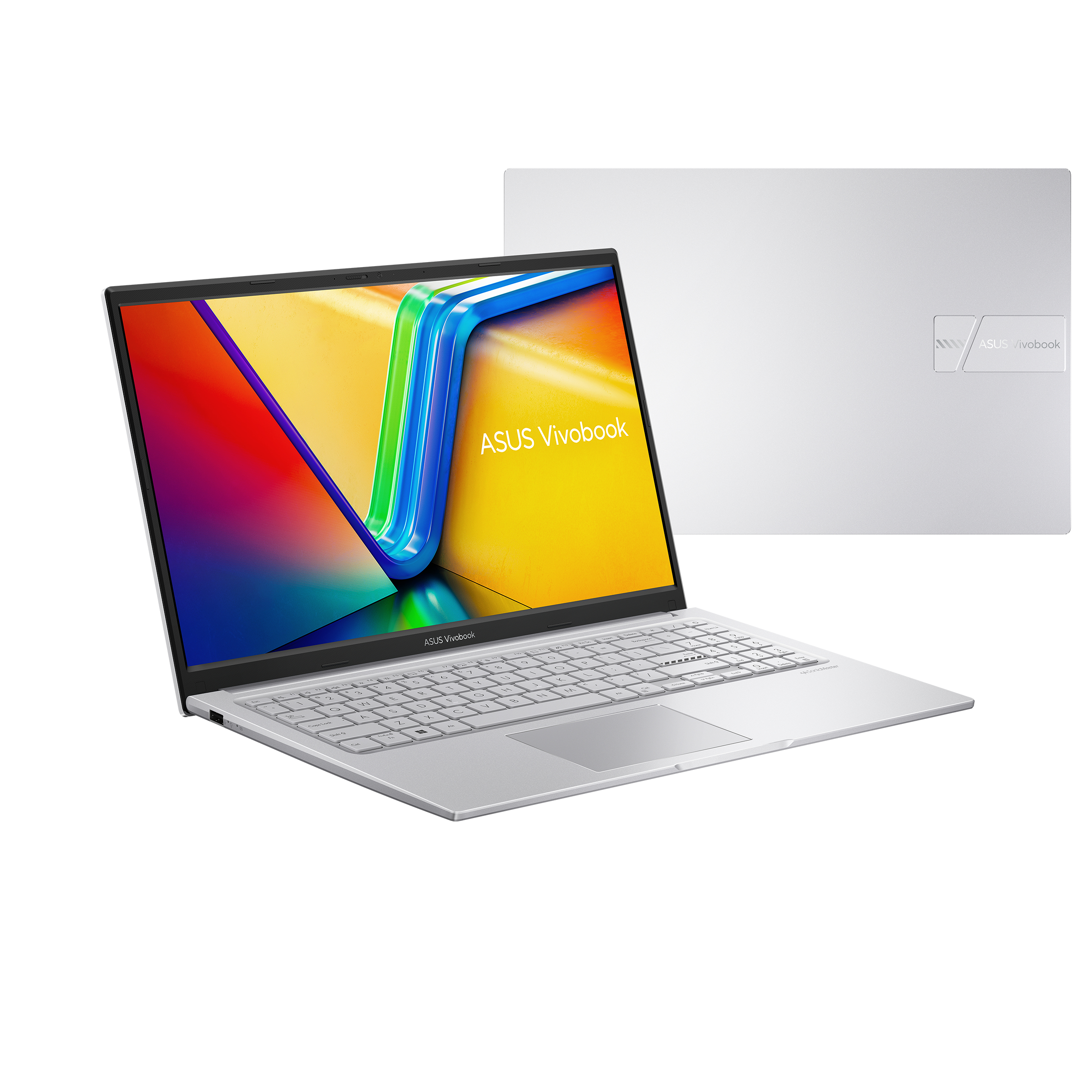Srebrny laptop na białej powierzchni. Ekran wyświetla kolorową grafikę. Logo ASUS Vivobook.