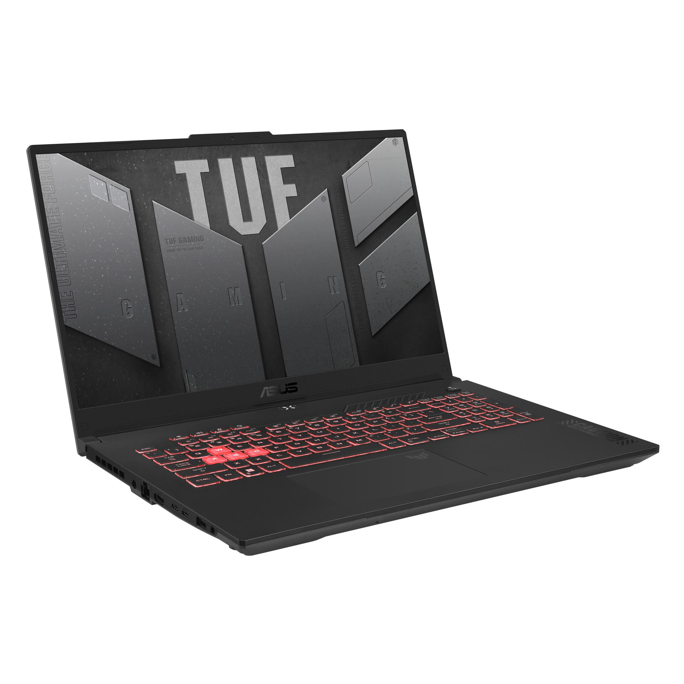 Schwarzes ASUS-Laptop mit roter Tastaturbeleuchtung. Der Bildschirm zeigt ein Design. Das Laptop ist angewinkelt geöffnet.