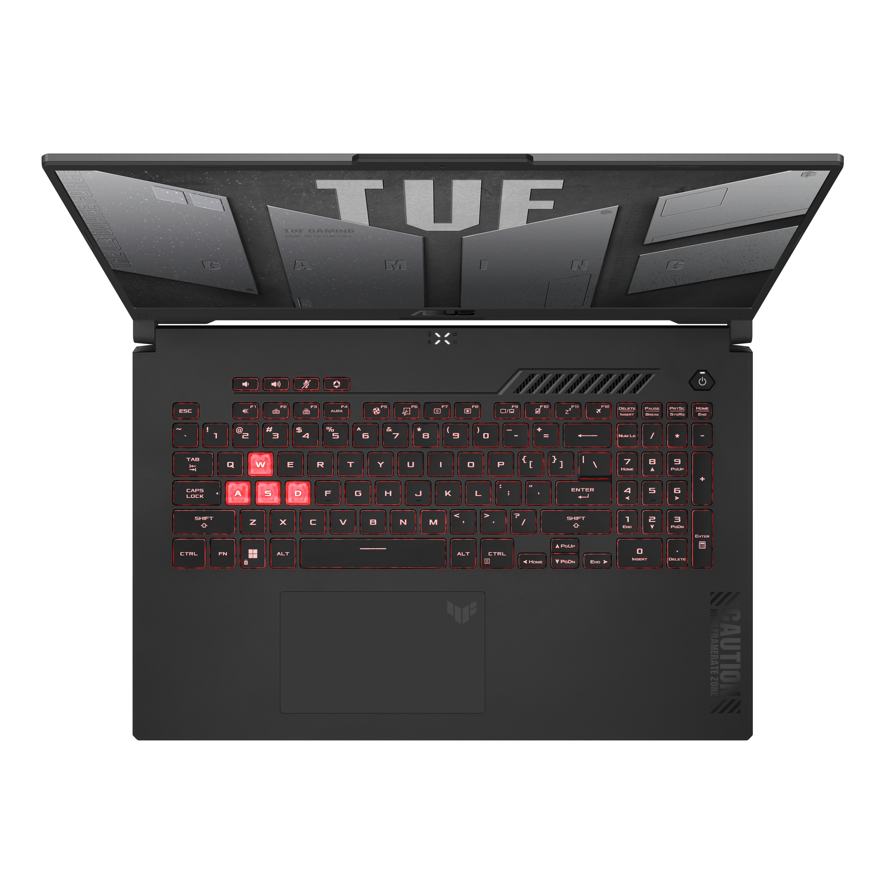 Schwarzer Laptop mit roter Hintergrundbeleuchtung, geöffnet. Zeigt TUF-Logo, weißer Hintergrund.