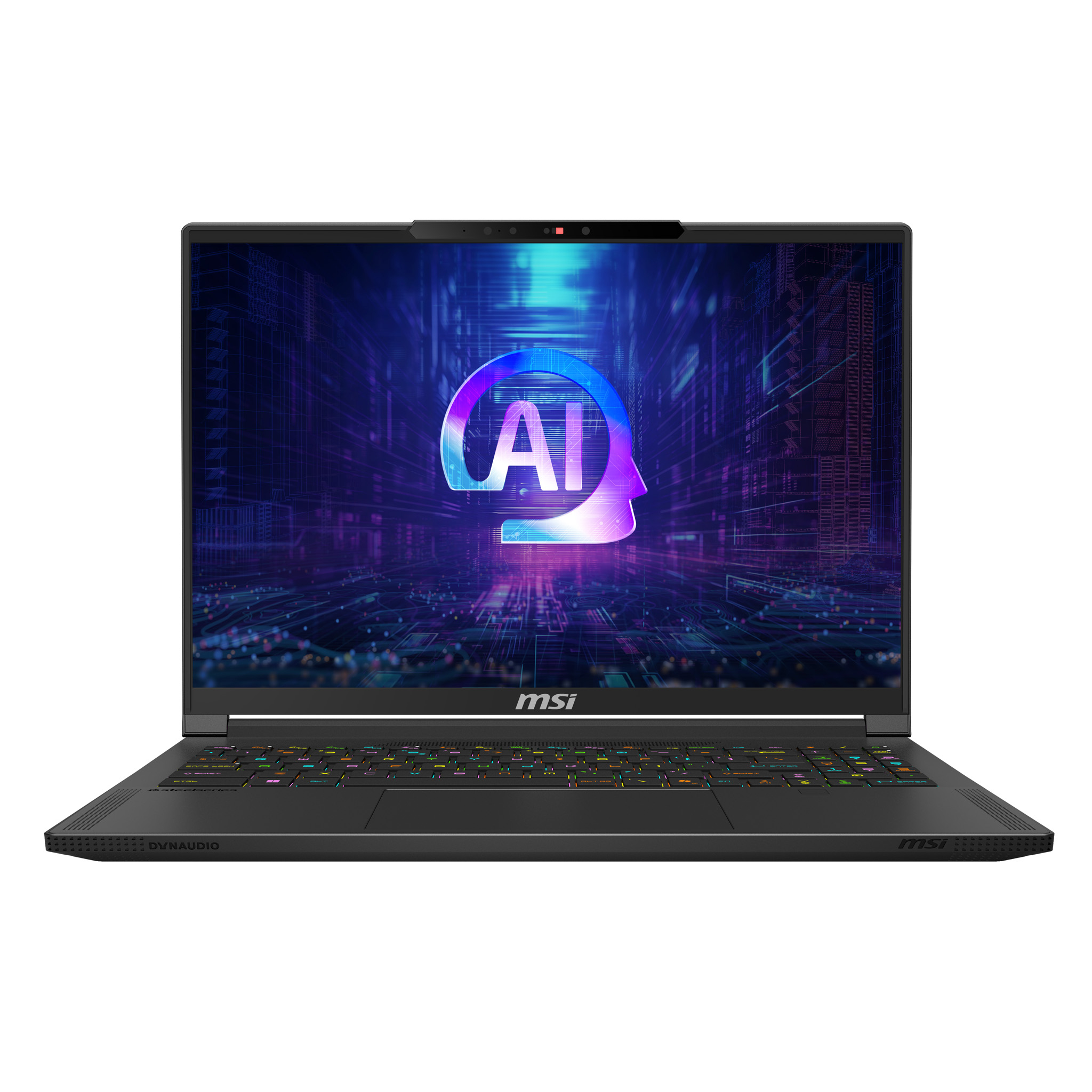 Portátil MSI negro con gráfico de IA en pantalla. Logotipo de MSI en la tapa. Pantalla morada.