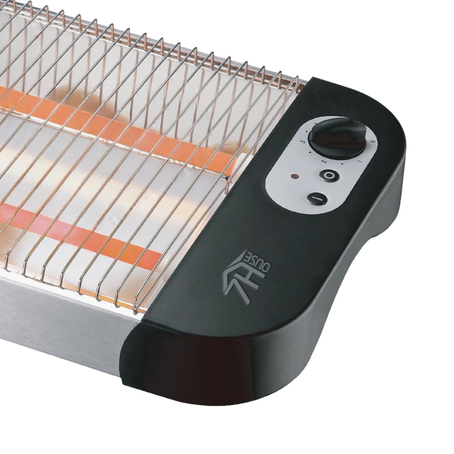Primer plano de una parrilla eléctrica negra con elementos calefactores naranjas y panel de control.