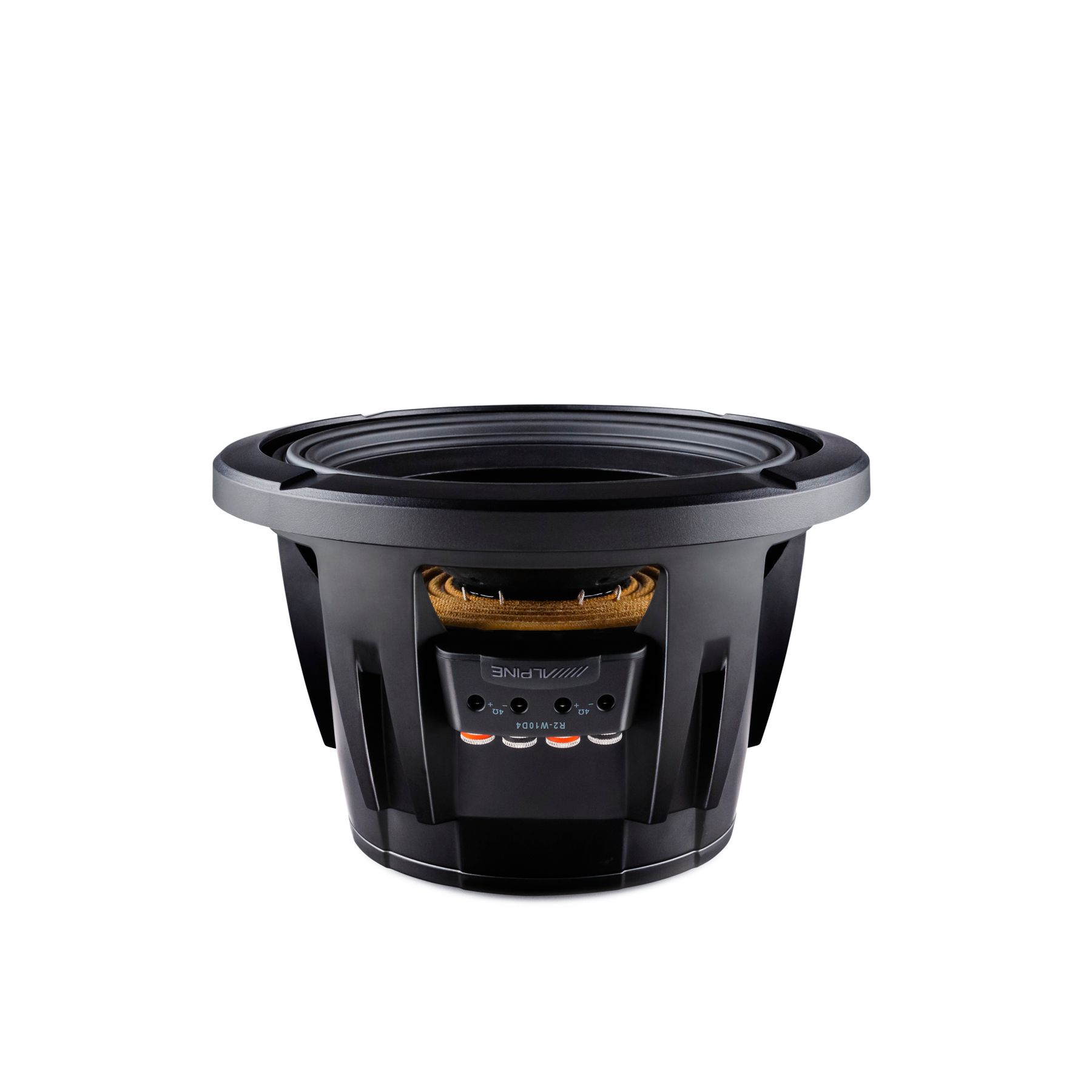 Ein schwarzer Auto-Subwoofer mit sichtbarem Konus und umgebenden Komponenten.