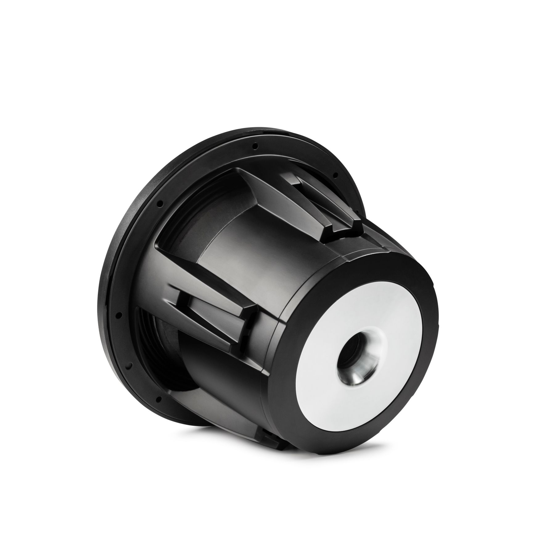 Ein großer schwarzer Subwoofer-Lautsprecher, abgewinkelt, mit einem weißen Lautsprecherkegel in der Mitte.